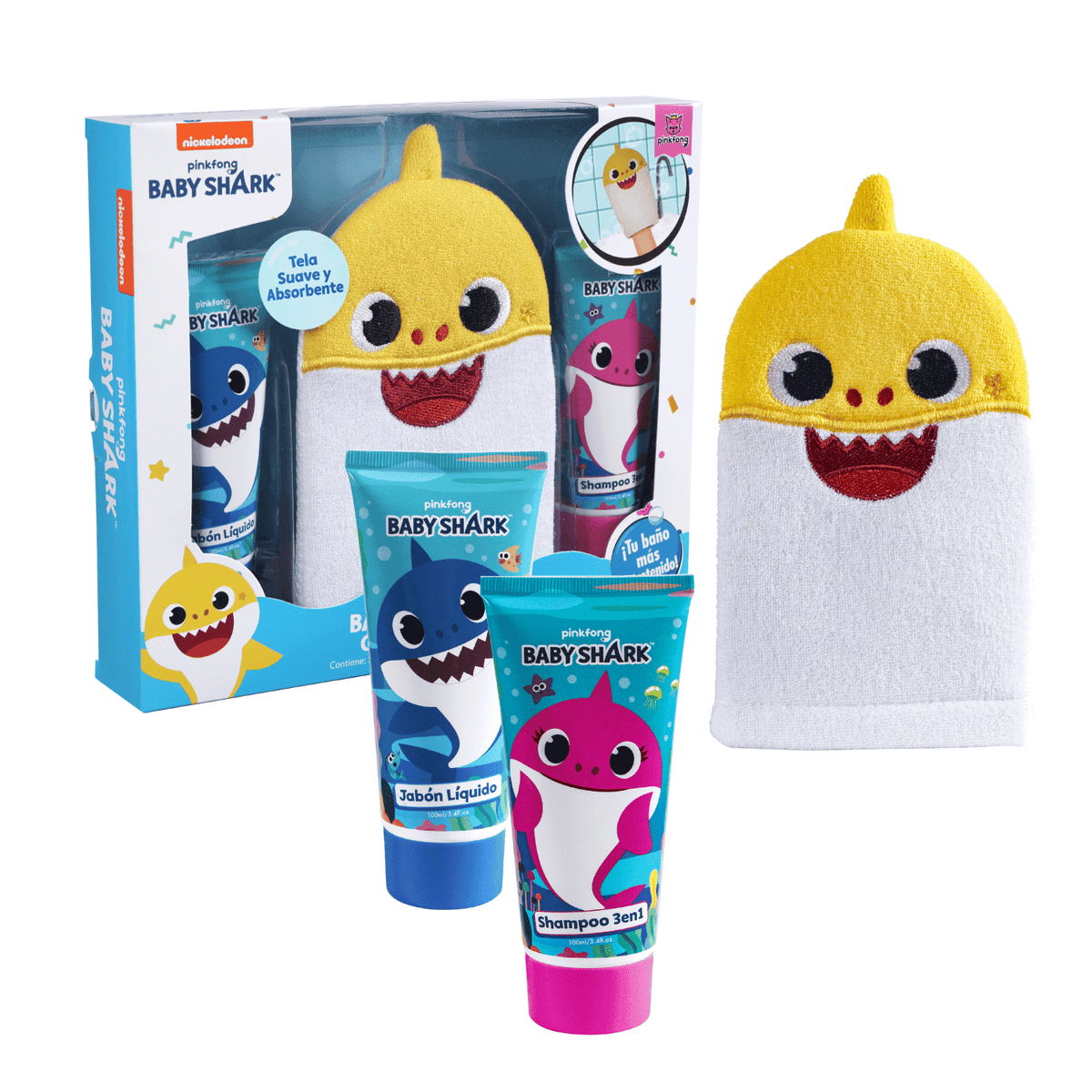 Set de baño Baby Shark Guante, Shampoo, Jabón