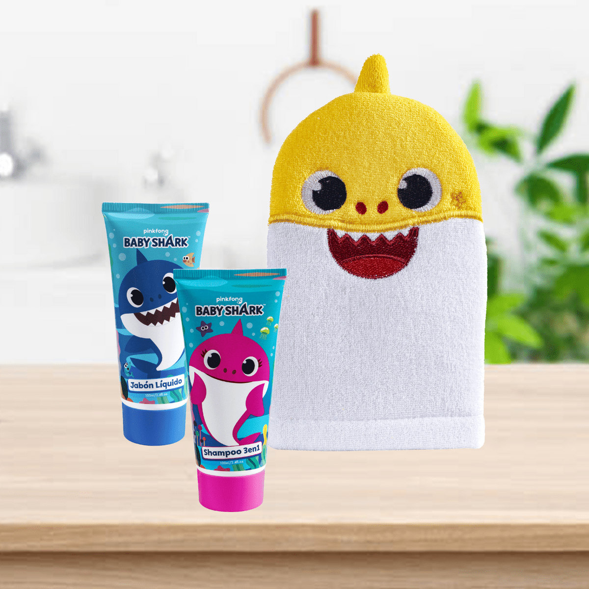 Set de baño Baby Shark Guante, Shampoo, Jabón